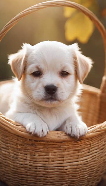 Photo cute puppy in a basket