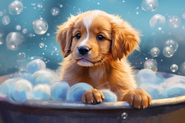 Photo cute puppy bathes in a bath with foam and soap