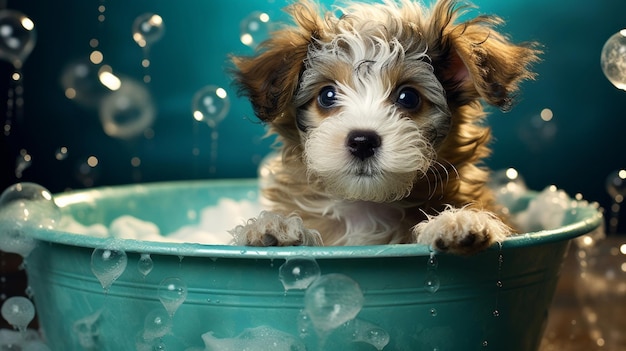 Photo cute puppy bathtime excitement surrounded by bubbles and playful splashes sudsy puppy love grooming