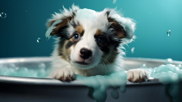 Cute puppy bathtime excitement surrounded by bubbles and playful splashes sudsy puppy love grooming