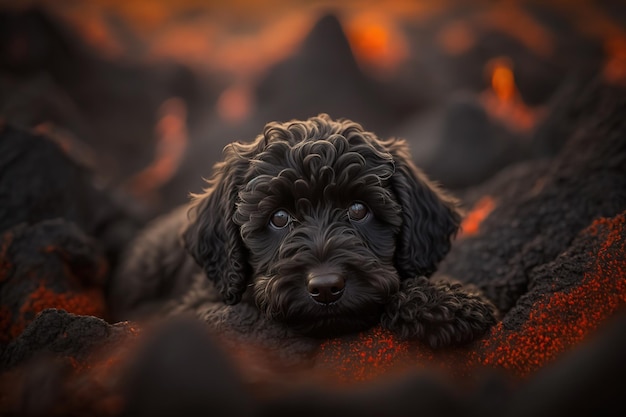 A cute puppy of black color sits on the ground under the night sky Generative AI