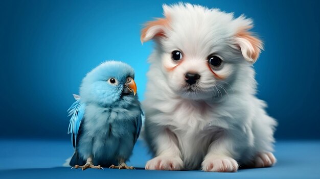 Cute puppy and a blue parrot on a blue background