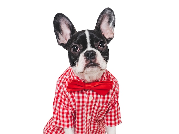 Cute puppy and bright bow tie Closeup indoors