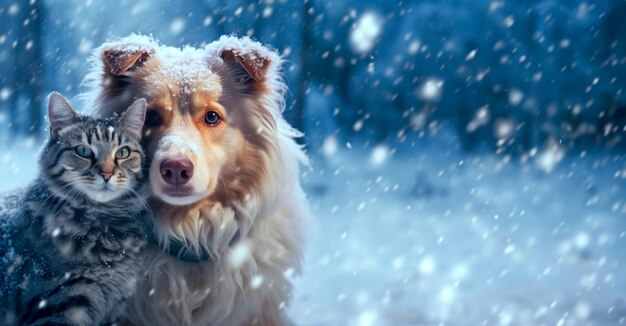A cute puppy and a cat are walking through a snowy winter park in the cold winter