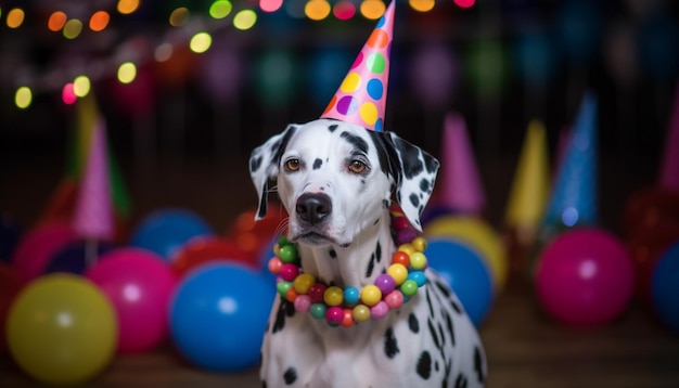 Photo cute puppy celebrates birthday with colorful balloons and playful friends generated by artificial intelligence