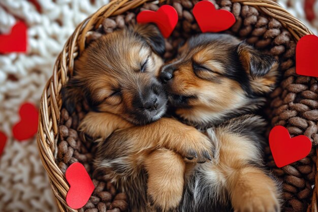 Photo cute puppy couple in love in valentines day pragma