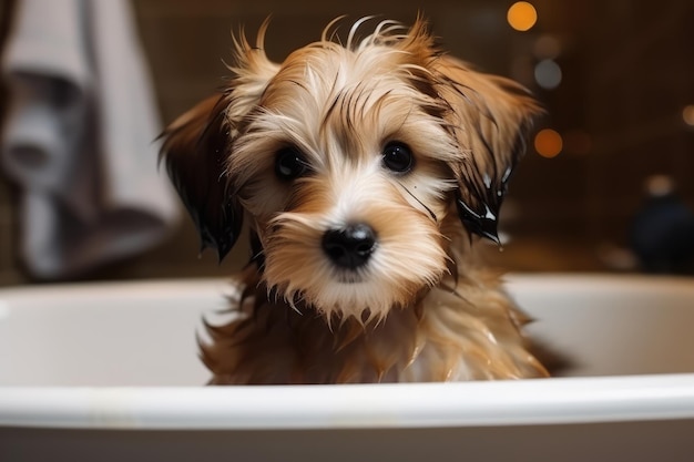 Cute puppy dog in bathtub pets cleaning generative AI