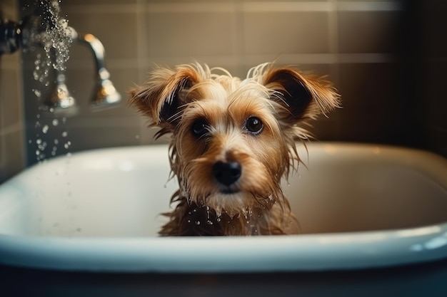 Cute puppy dog in bathtub pets cleaning generative with AI