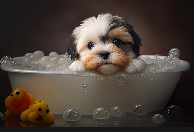 Милый щенок в ванне домашние животные чистят иллюстрацию AI генеративный