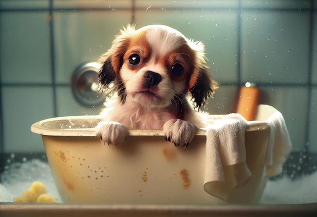 Cute puppy dog in bathtub pets cleaning studio shot Generate Ai