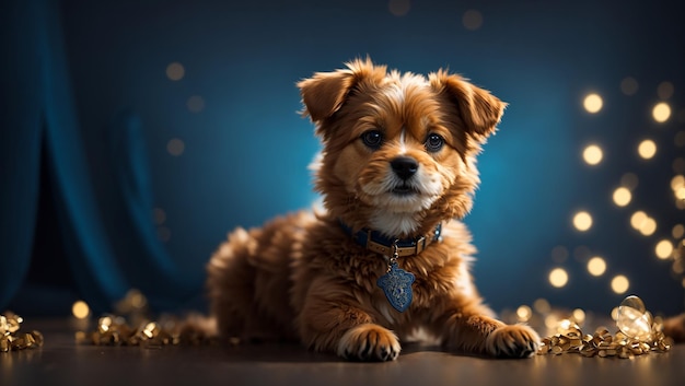 Cute puppy dog in the blue cinematic studio background