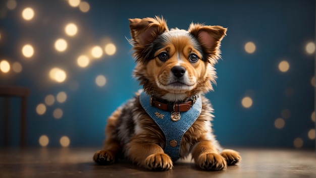 Cute puppy dog in the blue cinematic studio background