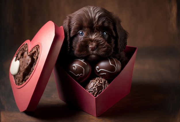 Photo cute puppy dog in a box of chocolates generative ai