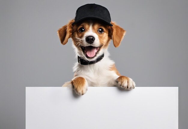 Cute puppy dog in a cap holds with paws sign for text on white background