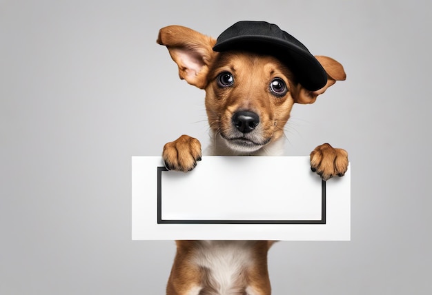 Foto cucciolo di cane carino con un berretto che tiene con il segno delle zampe per il testo su sfondo bianco