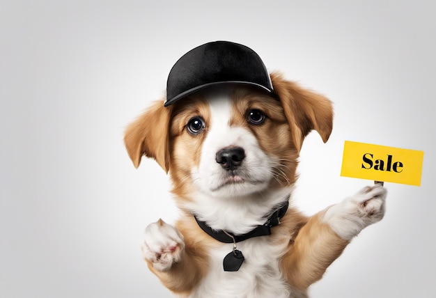 Cute puppy dog in a cap holds with paws on sign with text sale on white background