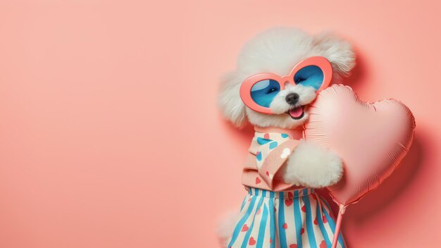 Cute puppy dog holding heart balloon on isolated background Valentines day concept