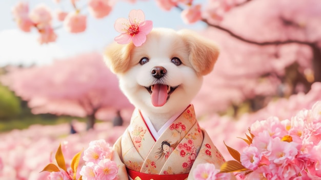 Foto cuccino carino in kimono giapponese con sfondo di sakura