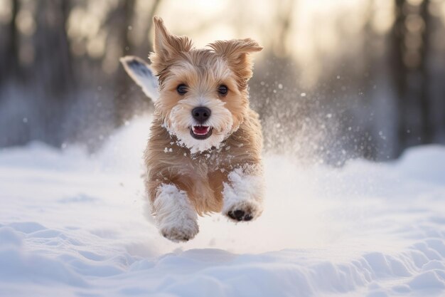 Cute puppy dog running in the snow on a sunny winter day