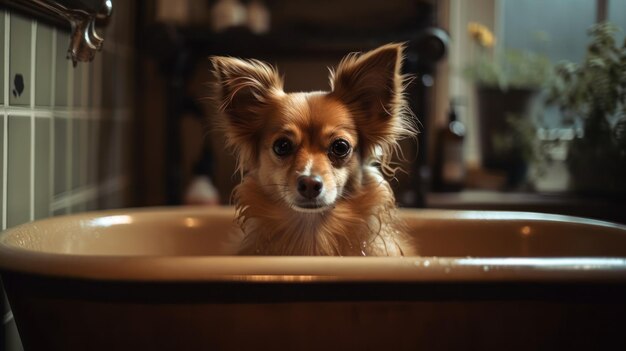Cute puppy dog sitting in bathtub looks up and looking at camera ai generative
