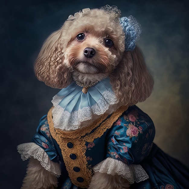 왕실 의상을 입은 귀여운 강아지 애완동물 초상화