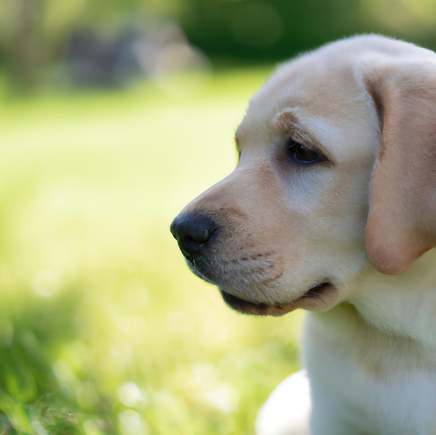 緑の草の背景のボケ味を持つかわいい子犬犬 プレミアム写真