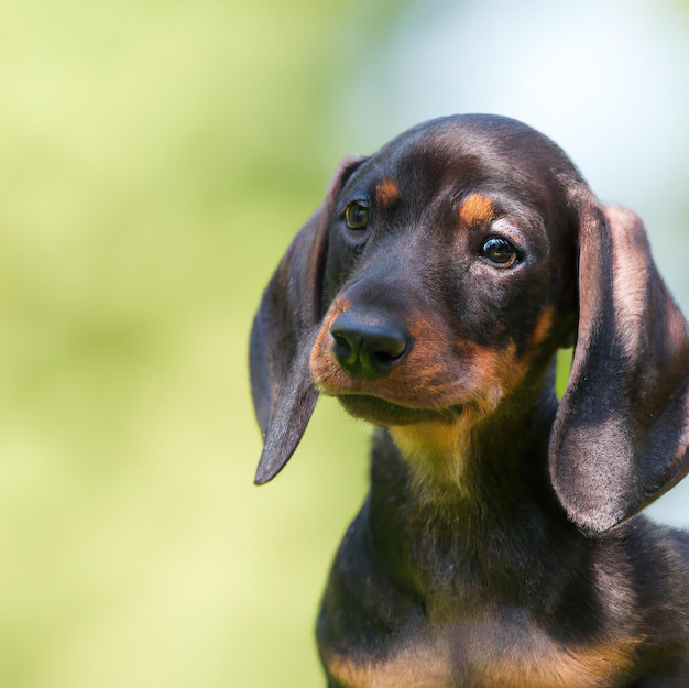 緑の草の背景のボケ味を持つかわいい子犬犬 プレミアム写真