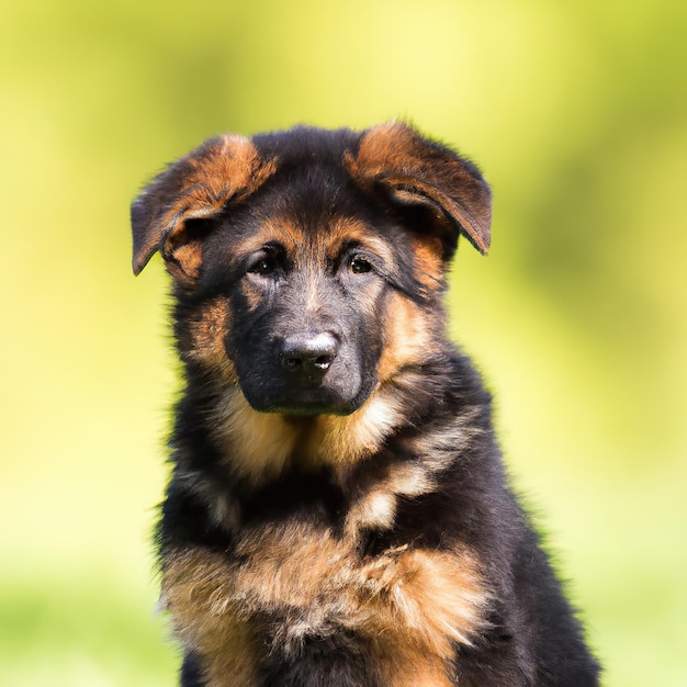 緑の草の背景のボケ味を持つかわいい子犬犬 プレミアム写真