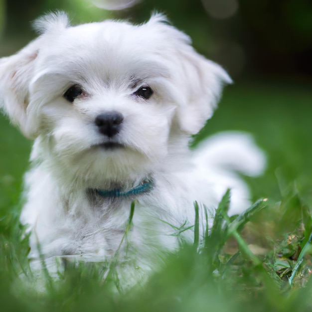 緑の草の背景のボケ味を持つかわいい子犬犬 プレミアム写真