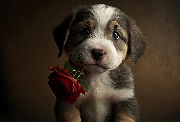 Cute puppy dog with red roses Valentines celebration Generative ai