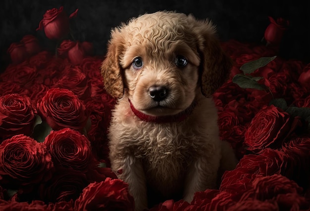 Cute puppy dog with red roses Valentines celebration Generative ai