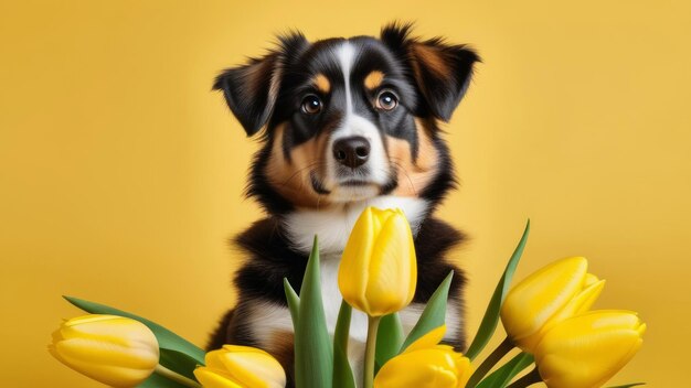 黄色い背景にチューリップの花をかせた可愛い子犬ホリデーコンセプト