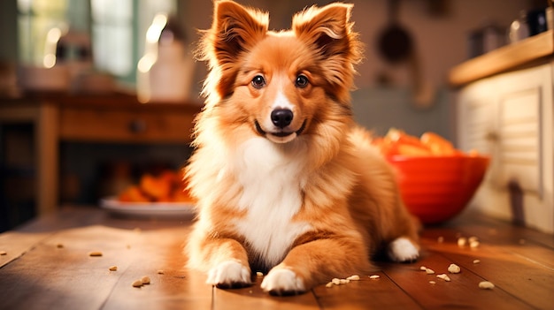 Cute puppy eating looking at camera playing with food bowl