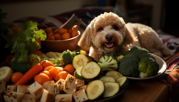 Foto il simpatico cucciolo gusta un pasto sano sul tavolo della cucina con verdure generate dall'intelligenza artificiale