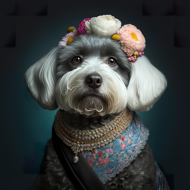 귀여운 강아지 패션 개. 옷을 입은 애완 동물 초상화