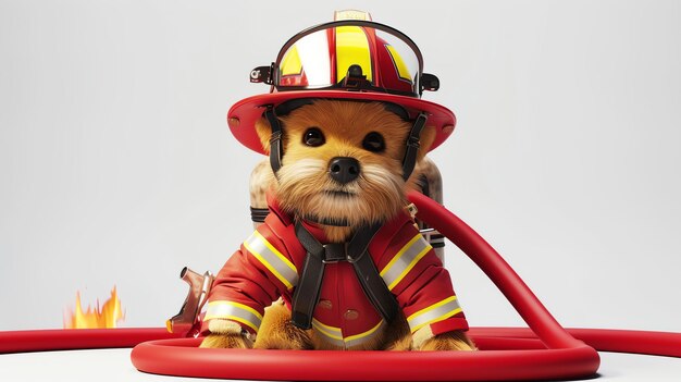 Foto un cucciolo carino in uniforme da vigile del fuoco è seduto su un tubo antincendio rosso