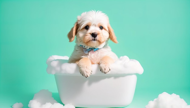 Photo cute puppy in foam bath banner generative ai