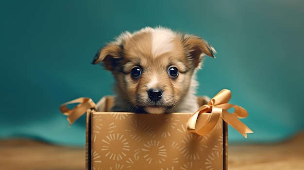 Foto cucciolo carino in una confezione regalo ia generativa