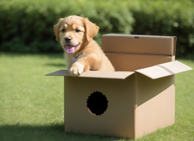 Cute puppy golden retriever standing in cardboard box on green nature blur