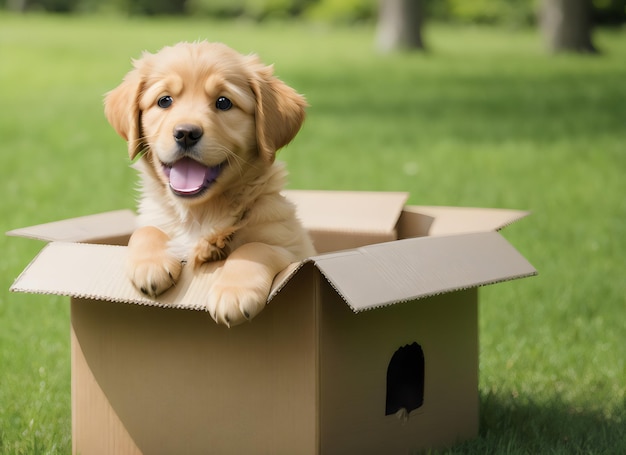 Cute puppy golden retriever standing in cardboard box on green nature blur