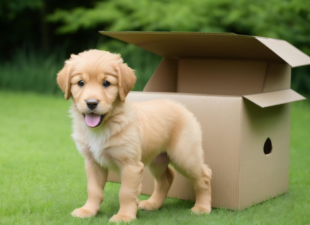 푸른 자연의 흐릿함에 카드보드 상자에 서있는 귀여운 강아지 골든 리트리버