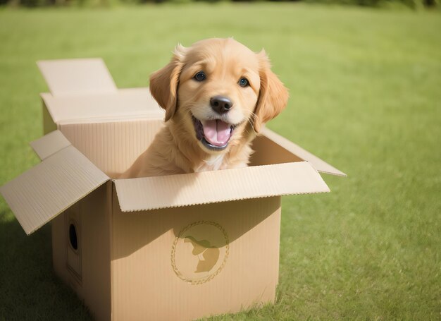 Cute puppy golden retriever standing in cardboard box on green nature blur