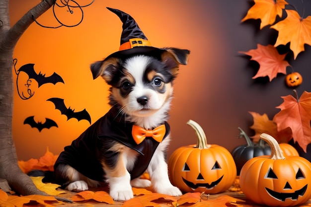 Cute puppy in halloween costume with pumpkins and bats on autumn background