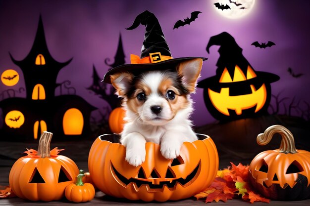 Cute puppy in halloween costume with pumpkins and bats on autumn background