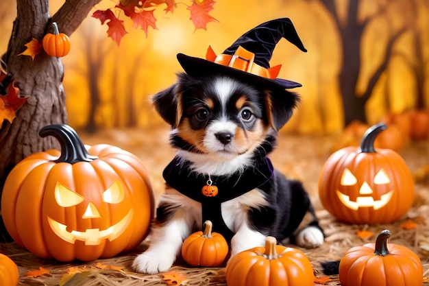 Cute puppy in halloween costume with pumpkins and bats on autumn background