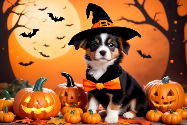 Cute puppy in halloween costume with pumpkins and bats on autumn background