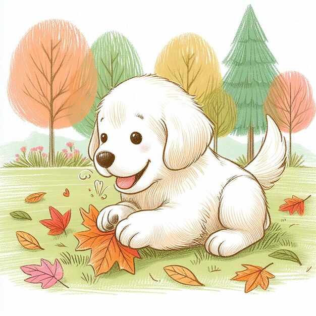 Photo a cute puppy handwritten illustration playing with fallcolored leaves with tall trees and green