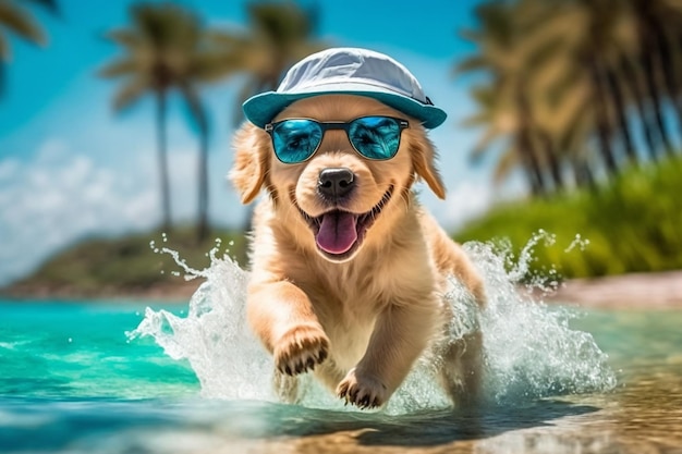 A cute puppy in a hat and sunglasses runs along the sand on the sea coast under palm trees