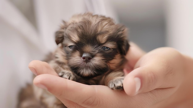 Photo a cute puppy is held in the palm of a human hand the puppy is brown and has a fluffy coat