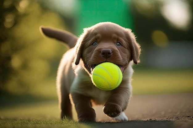 Cute puppy is playing fetch with tennis ball bringing it back each time